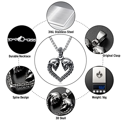 Kirtijw Skull Necklace For Men Stainless Steel Gothic Punk Biker Heart Skull Pendant Necklace Jewelry For Men Boys 60Cm #TOP2