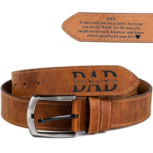 Custom Engraved Genuine Leather Belt for Dad Fathers Day Belt Personalized Mens Belt with Name Monogrammed Gift for Husband Daddy Papa Grandpa Son Him Valentines Anniversary Christmas