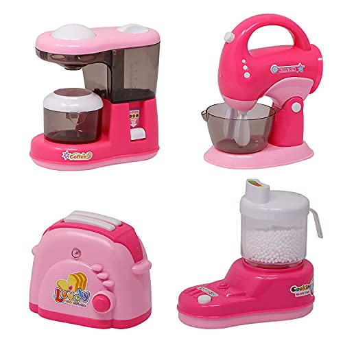 SHLOFOR Play Set Toy Battery Operated Pretend Play Kitchen Household Appliance Play Set for Kids with Toaster, Coffee Machine, Juicer Mixer, Mixer Blender (4Pcs )