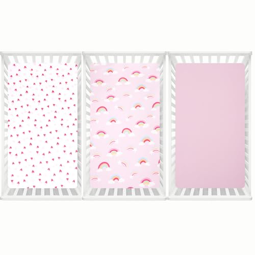 Image of david's kids 3 Pack Fitted Crib Sheets, Ultra Soft Breathable Comfortable Baby Sheet Set for Girls Neutral, 28x52 Inch Fits Standard Crib and Toddler Mattresses, Rainbow
