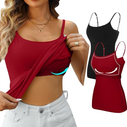 Attraco Unterhemd Damen Spaghetti Top Unterhemd Spaghettiträger mit Verstellbarer Strap Basic Cami Tank Top für Frauen und Mädchen Schwarz/Rot XL