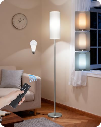 Image of Dimmable Floor Lamps for Living Room with Remote and Foot Switch, 64.4 inch Modern Standing Tall Lamp, Corner Lamp for Bedroom, Office, Bulb Included, 3000K-6500K, White and Silver, FCC Listed SCW06LD05W1