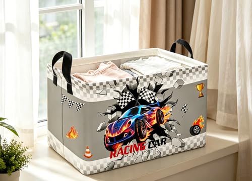 Image of Essme Rectangular Kids Baskets,Car Storage Box,Cute Basket for Kids with Handles for Room Decor, Book Bins,Shelf Basket.(Blue Car)