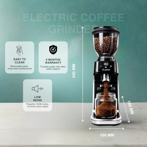 Image of Electric Coffee Grinder, 300 Grams Bean Capacity, 150 Watt Powerful Motor, 30 Grind Settings, Touch Interface, Adjustable Timer, Ideal for Ground Coffee-Espresso, Cappuccino, Americano