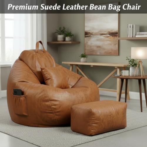 Image of KAM'S LIEU 4XL Suede Bean Bag Chair with Footrest & Cushion | Filled with High Density Polystyrene Beans | Premium Soft Fabric | Teardrop Design with Handle | Ready to Use Color- (TAN, Bean Bag)