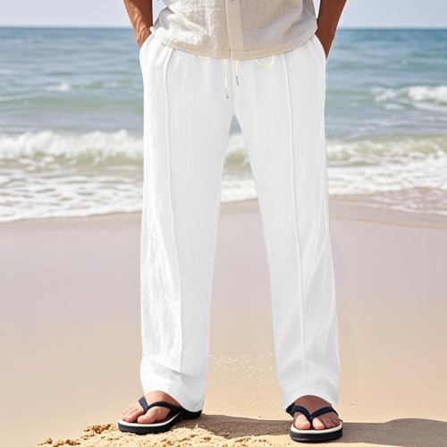 Mens Linen Pants Straight Leg Casual Summer Yoga Pant Loose Fit Drawstring Elastic Waist Beach Trousers with Pockets2