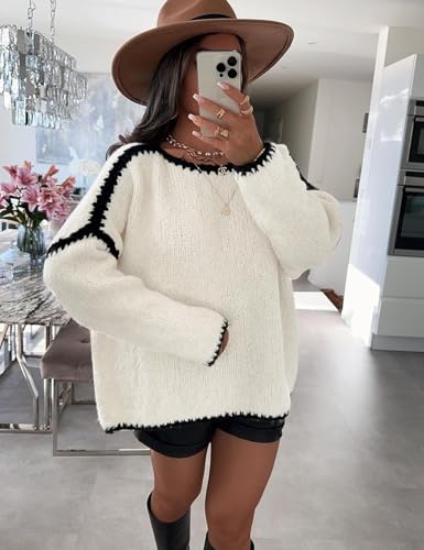 Flygo Oversized Sweaters for Women Long Sleeve Crew Neck Trendy Fall Sweaters Colorblock Chunky Knit Pullover2