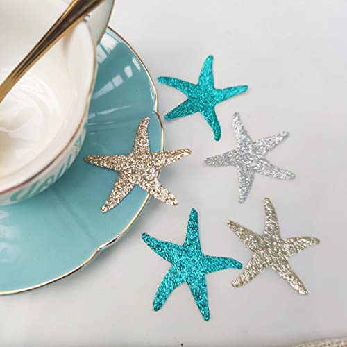 Mybbshower Glitter Paper Starfish Confetti For Birthday Party Table Scatter Beach Theme Party Wedding Decorations Diy Crafts Pack Of 150 (Teal Gold Silver) #TOP2