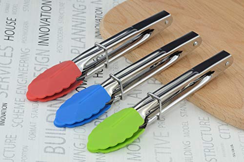 Image of HINMAY 7-Inch Mini Tongs with Silicone Tips, Set of 3 (Green Red Blue)