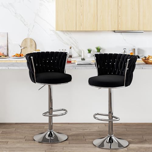 Image of AWQM Black Bar Stools Set of 2, Velvet Swivel Bar Chairs Counter Height Barstools with Back & Footrest,Adjustable Counter Stools Island Chairs for Kitchen, Bar, Dining Room