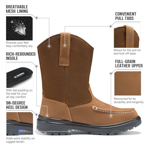 Image of NINGO Steel Toe Work Boots for Men, Waterproof Wellington Mens Boots with Full Grain Leather, Slip Resistant and Puncture Proof, Pull-On Work Shoes for Construction, Industrial and Farming