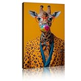 レトロファッションアニマルアートキャンバスウォールアートキリン風船ガム&メガネキャンバスプリント写真リビングルーム寝室の家の装飾イエロー55x95cmインナーフレーム