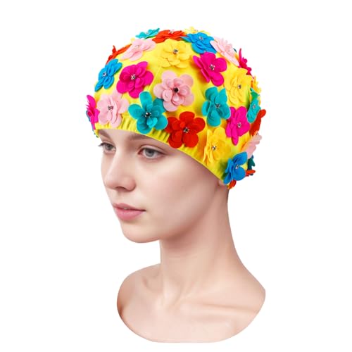 Medifier Gorro de baño vintage con pétalos florales para mujeres y niñas, turbante de natación elástico retro con flores, detalles de diamantes de imitación, multicolor