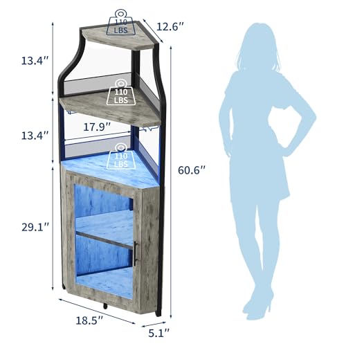 GarveeHome Corner Bar Wine Cabinet with LED Lights, 5-Tier Industrial Wine Cabinet with Glass Holder, Modern Liquor Cabinet with Adjustable Shelf, Home Bar Cabinet with Mesh Door, Grey by GarveeHome - Image 8
