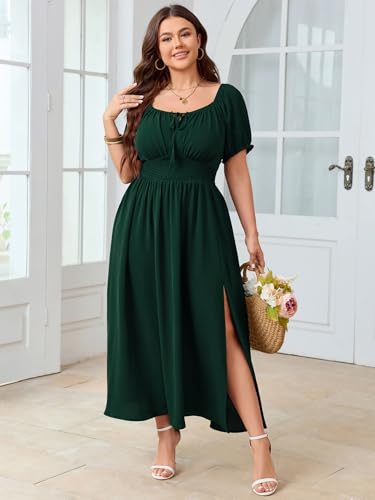 Women's Plus Size Maxi Dress Short Sleeve Smocked Square Neck Tie Front Split A-Line Flowy Long Dresses2