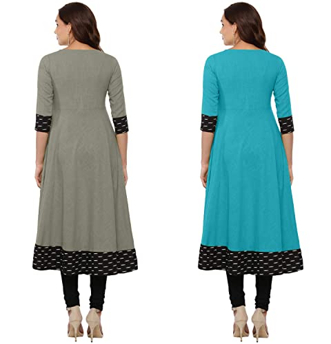 Image of NATEK Plain Cotton Fresh Arrival Anarkali Kurti Kurta for Ladies Women - Combo Set of 2 Grey, SkyBlue Color Large Size