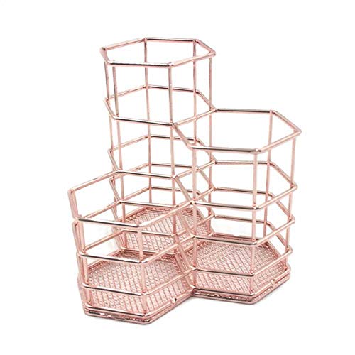 Pen Cup Holder for Desk Rose Gold, LEEGOAL Hexagon Metal Makeup Brush Organizer Stationery Storage Container Pencil Marker Gel Pen Holder Basket for Office Home School Classroom (Rose Gold)