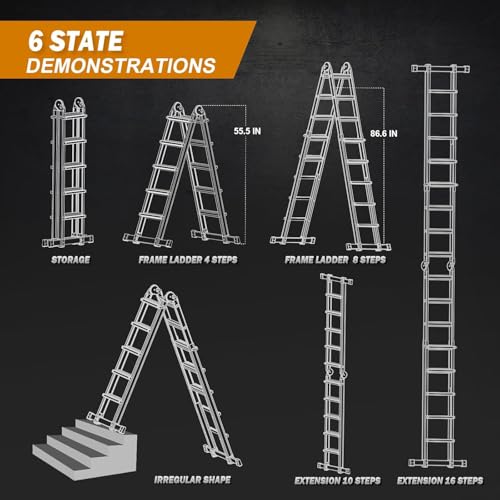 Soctone Ladder 19Ft, A Frame 5 Step Extension Ladder 330 lbs Weight Rating with Multi Position & Removable Tool Tray with Stabilizer Bar, Telescoping La dder for Household or Outdoor Work
