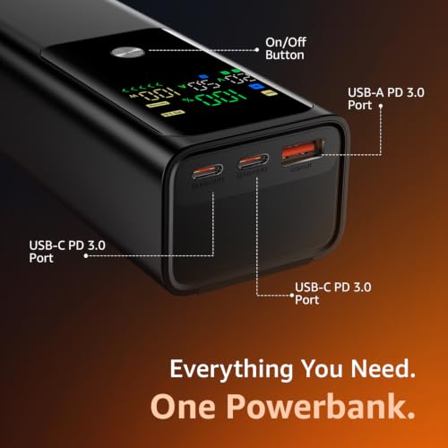 Image of Amazon Basics 20000mAh 100W Fast Charging Power Bank | 2 USB-C PD 3.0 + 1 USB-A QC 3.0 | Laptop, Tablet & Phone Charging | Digital Display | Black