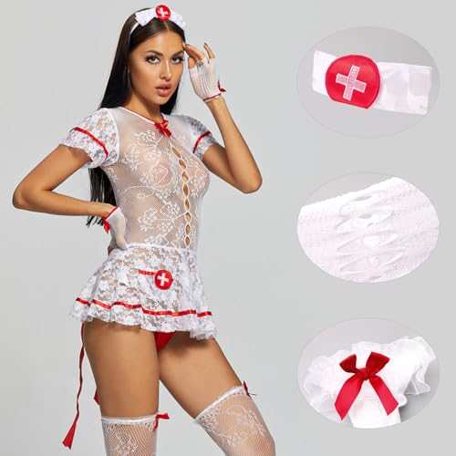 Frauen Sexy Nurse Lingerie Neckholder Krankenschwester Unterwäsche Kostüm V-Ausschnitt Body Reizwäsche Rückenfrei Dessous Versuchung Rollenspiel Clubwear mit Haarband Einheitsgröße – Bild 2