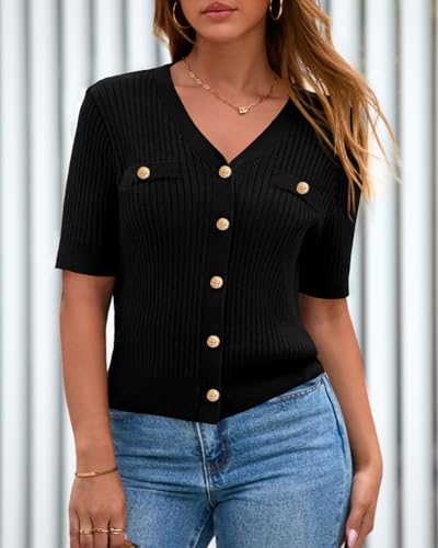 Zenlonr Women's 2025 Summer Button Down Shirts Casual Short Sleeve Blouse Tops V Neck Ribbed Knit Cardigans4
