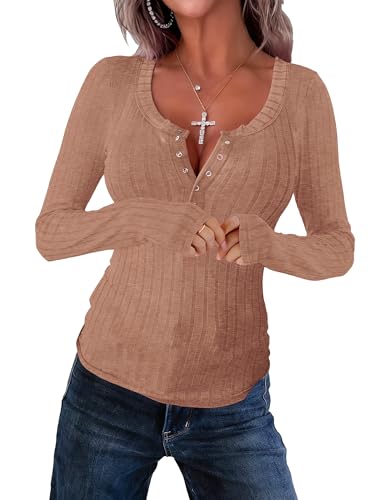 Image of APOFER Women's Long Sleeve Tunics Lightweight Ribbed Knit Blouse Scoop Neck Tops Snap Button Slim Fit Casual Henley Shirt