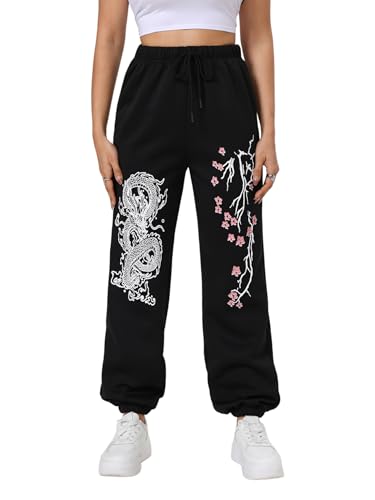 WDIRARA Women's Floral Dragon Print Drawstring Waist Joggers Pants Workout Sweatpants
