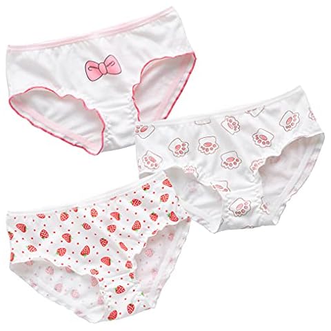 Womens Underwear Breathable Pure cotton panties mid-waist printing anime Lingerie panties cute, Paw Print Bow Strawberry, L Cover