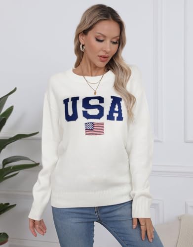 Image of Women's American Flag Sweater Long Sleeve Pullover Crew Neck Knit Tops