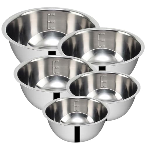 MEETOZ Mixing Bowl Set 5 Stainless Steel Mixing Bowls, Metal Mixing Bowl with Measuring Marking, Stacked Storage Bowl Set Saves Space, for Baking Cooking Serving Food/Salad(0.5L,0.8L,1.55L,2.1L,2.6L)