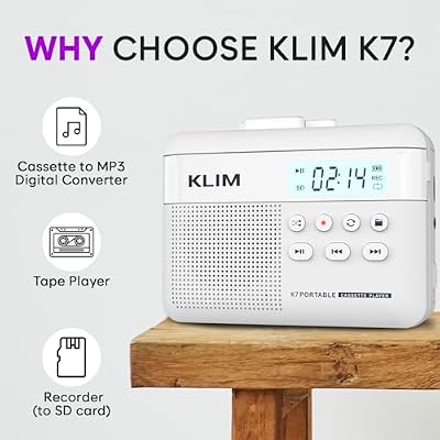 KLIM K7 Cassette Tape Player - Cassette to MP3 Converter - Portable - Built-in Microphone & Speaker - Rechargeable Battery - Earphones - 16GB SD Card - White