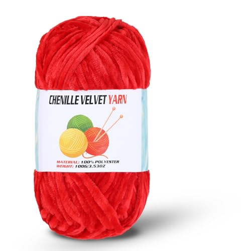Velvet Chenille Chunky Yarn Handcrafts Weaving Soft Chenille Yarn for Crocheting Clearance Used for Making Baby Yarn Blanket Clothes Knitting Creations (1 - Red)