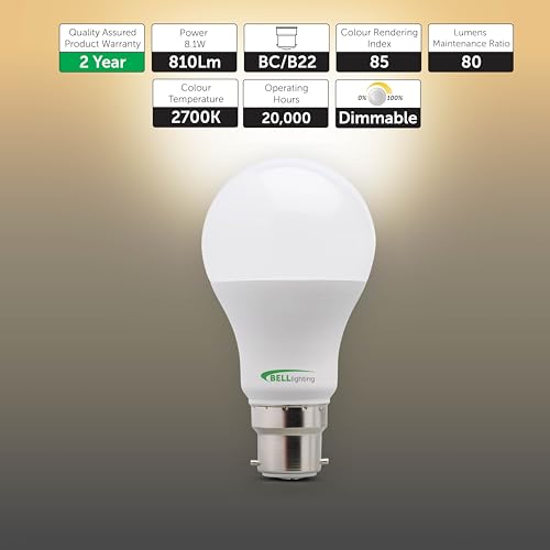 BELL Lighting B22 Bayonet Dimmable Light Bulb LED GLS 6 Pack | Warm White 2700K | 810 Lumen 8.1W | Energy Saving GLS Light Bulb | 60W Lamp Equivalent - Image 3