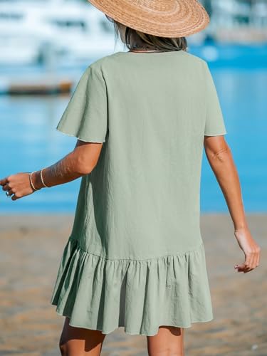 CUPSHE Women's V Neck Button Short Sleeve Flounce Cotton Beach Summer Mini Cover Up Dress3