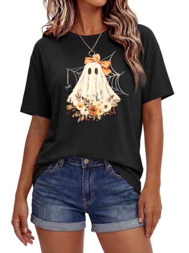 ANRABESS Women Halloween Doodles Shirt Oversized Cute Pumpkin Ghost Tee - image 1