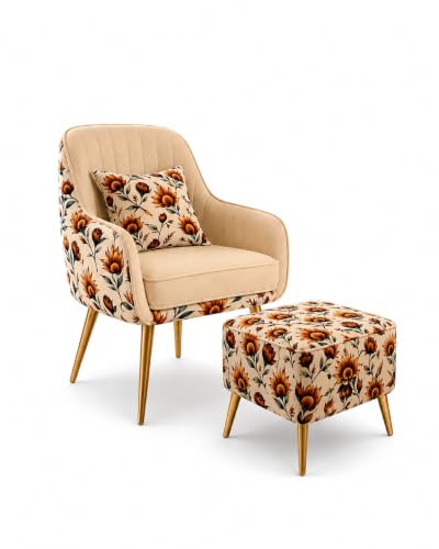 Image of Floral Accent Chair with Ottoman | Premium Velvet Upholstered Armchair with Golden Metal Legs | Modern Lounge Chair for Living Room, Bedroom & Reading Corner | Designer Chair 1pc