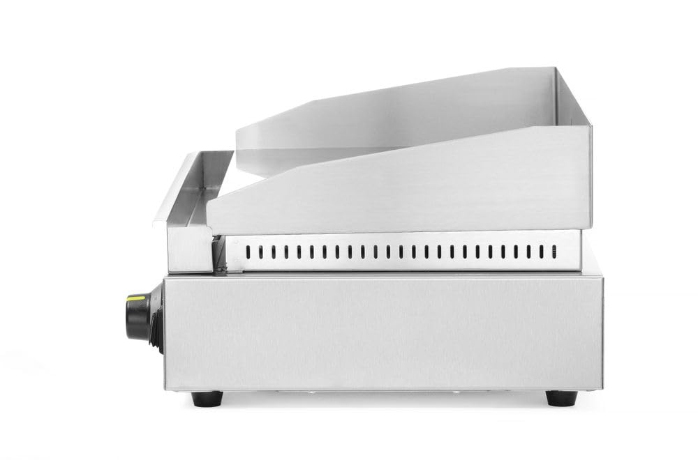 HENDI Plancha de asar eléctrica lisa, grill parrilla con bandeja de goteo extraíble, temperatura regulable hasta 300°C, 230V, 2400W, 550x380x(H)240mm, acero inoxidable