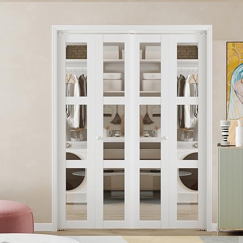 BARNER HOME Bifold Door, 3-lite Clear Glass Closet Door for 60"x 80" Opening, Folding Doors with Hardware Kits, MDF, White Multifold Interior Doors