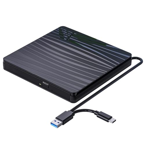 Bortivier Unidad de CD/DVD Externa para Computadora PortáTil, USB 3.0 y Tipo C, Grabadora de CD DVD +/-RW PortáTil, Lector de Unidad óPtica, Grabadora, Reproductor de DVD