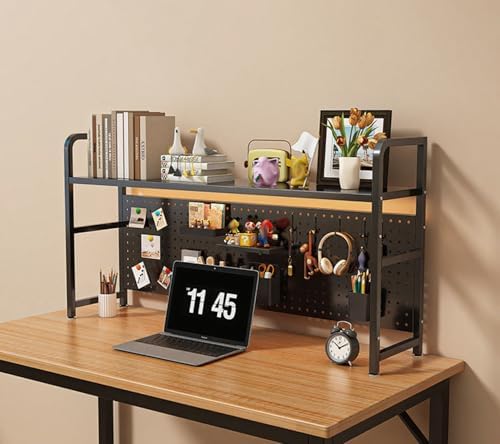 Heavy Duty Metal Desk Hutch Shelf with Wrought Iron Divider - Desktop Bookshelf & Countertop Storage Rack for Dorm, Office, Home - Anti-Slip Feet & Back Pegboard, Black, 7.9x29.5x26.8in