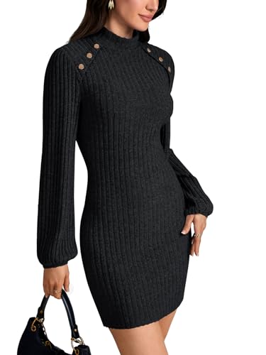 LYANER Women's Mock Neck Lantern Long Sleeve Ribbed Knit Pullover Bodycon Sweater Short Dress3