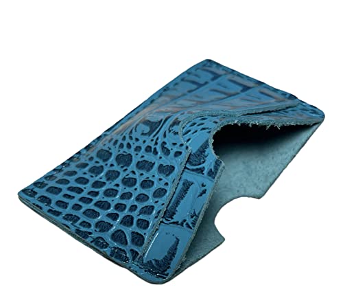 Real Leather Credit Card Holder - Handmade 100% Genuine Cow Leather Business Card Case Embossed Reptile Pattern - Turquoise Caiman2