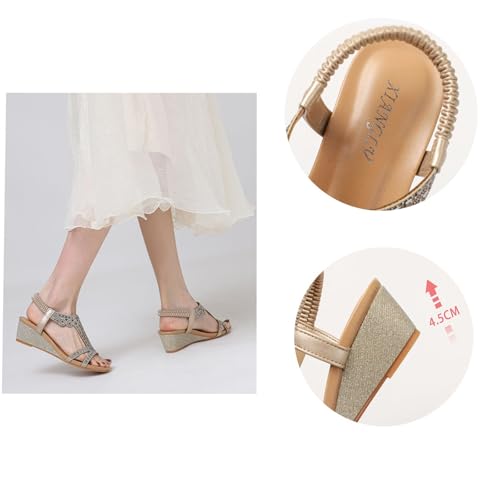 Women's Wedge Sandals, Womens Adjustable Elastic Straps Rhinestone Open Toe Wedge Sandals, Fashion Summer Non-slip Roman Shoes, for All Kinds of Clothes Such as Jeans, Casual Pants3