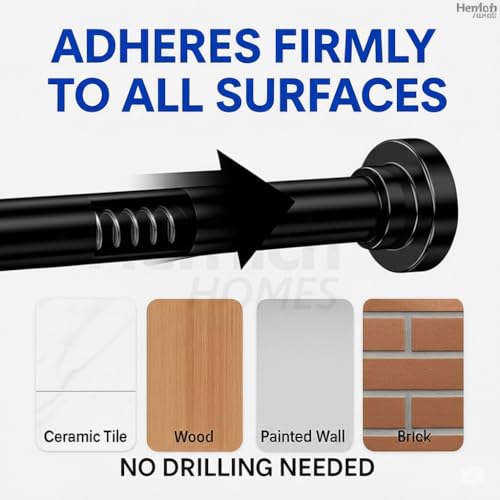 Image of Herrlich Homes (105 to 170 cm Extendable Shower Curtain Tension Rod | Non-Drilling Anti-Skid Spring Pull Rod | Adjustable Size | with Rubber Pads | Stainless Steel, Silver | Black | Large