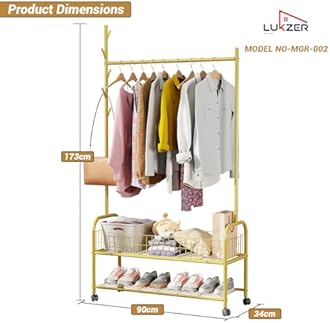 Lukzer | MGR-002 | Gold | Metal Cloth Stand & Garment Rack with Wheels, 2 Bottom Shelves & Single Rod – Space-Saving Clothes Organizer for Bedroom, Bathroom, Office & More | 173 x 90 x 34 cm