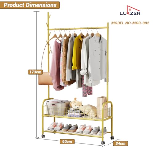 Lukzer | MGR-002 | Gold | Metal Cloth Stand & Garment Rack with Wheels, 2 Bottom Shelves & Single Rod – Space-Saving Clothes Organizer for Bedroom, Bathroom, Office & More | 173 x 90 x 34 cm
