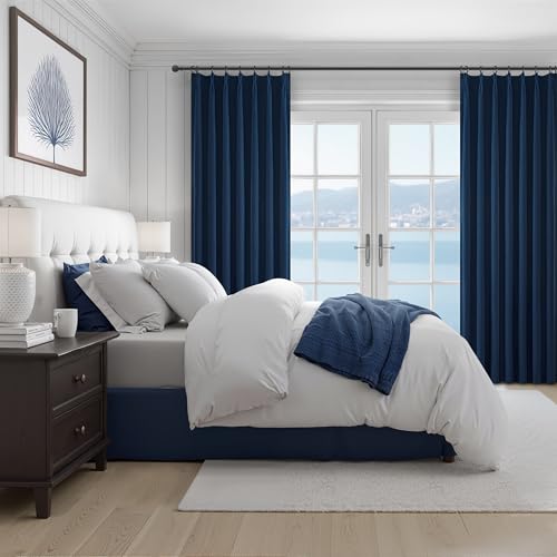 Image of Navy Blue Small Blackout Curtains 54 Inches Length for Kids /Boys Rooms /Bedroom, Pinch Pleated Drapes with Hooks Viral Linen Thermal Coastal Short Curtain Dark Blue Window Burg (40 inchWx54 inchLx 2 Panels)