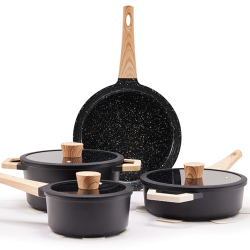 céramique pot set avec couvercle induction pot et casserole Granit motif revêtement antiadhésif noir ustensiles de cuisine set