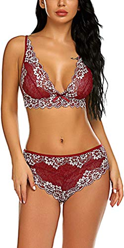 Avidlove Lingerie for Women Sexy Bra and Panty Set 2 Piece Outfits Lace Babydoll Bodysuit (Medium, A Dark Red)