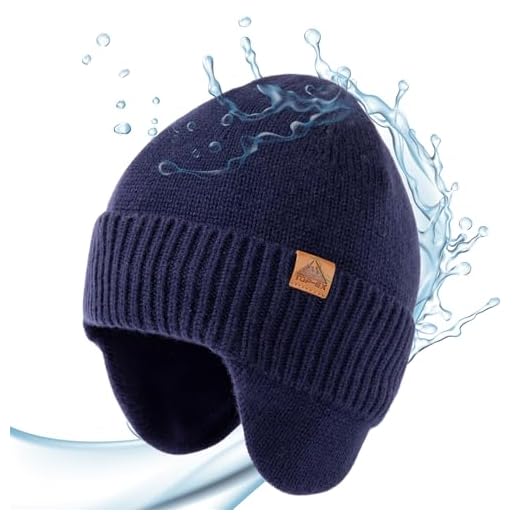TOP-EX XL/XXL Mens Womes Merino Wool Waterproof Beanie with Ear Flap Warm Winter Fleece Lined Beanie Outdoor Skiing Hat Navy Blue M/L